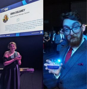 erin delaney and anthony yeomans holding their top 100 awards.